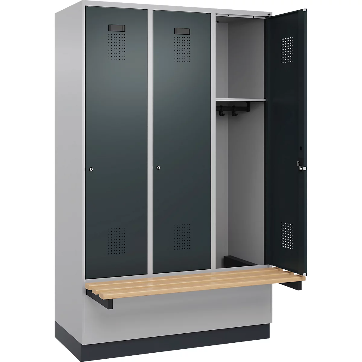 Vestiaire C+P Evolo Plus, 3 compartiments de 400 mm de large, socle, banc flottant, L 1200 x P 815 x H 1950 mm, cylindre, aluminium blanc/gris anthracite