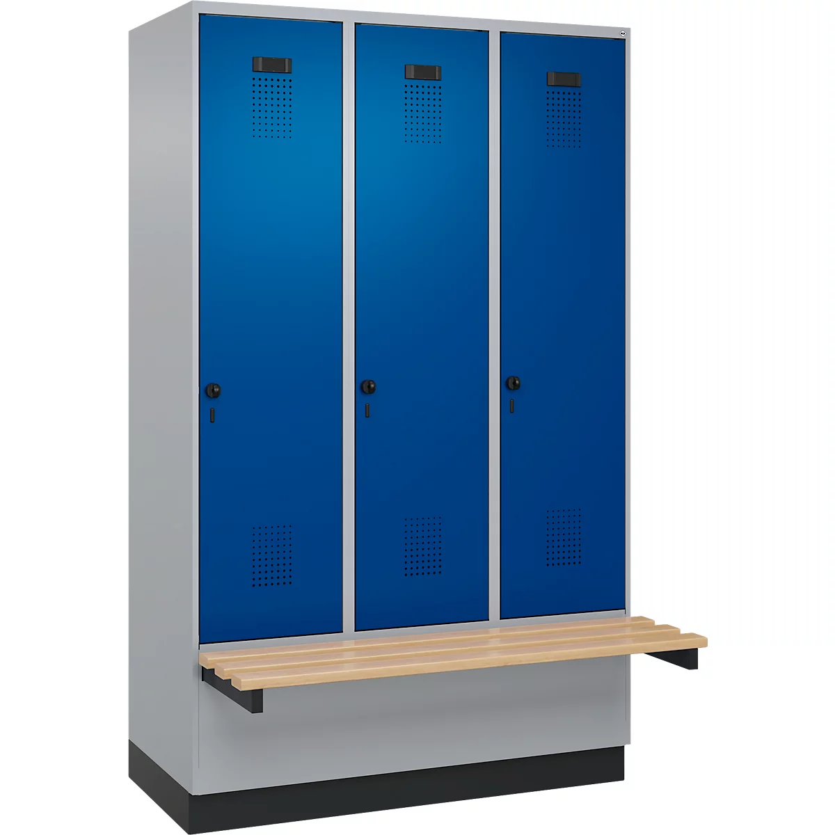 Vestiaire C+P Evolo Plus, 3 compartiments de 400 mm de large, socle, banc flottant, L 1200 x P 815 x H 1950 mm, verrou rotatif, aluminium blanc/bleu gentiane