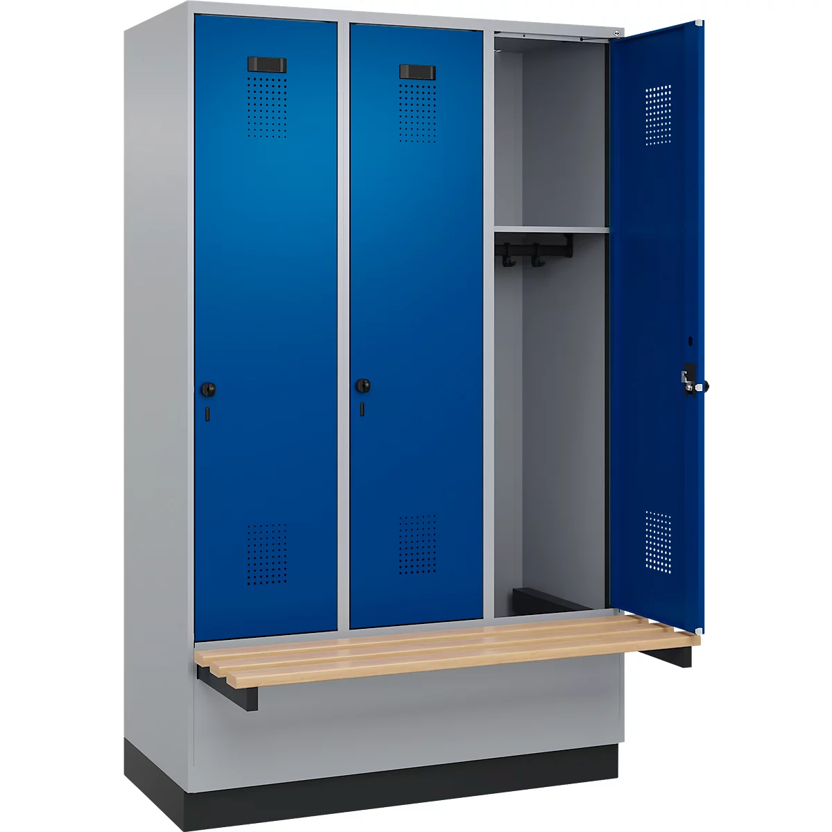 Vestiaire C+P Evolo Plus, 3 compartiments de 400 mm de large, socle, banc flottant, L 1200 x P 815 x H 1950 mm, verrou rotatif, aluminium blanc/bleu gentiane