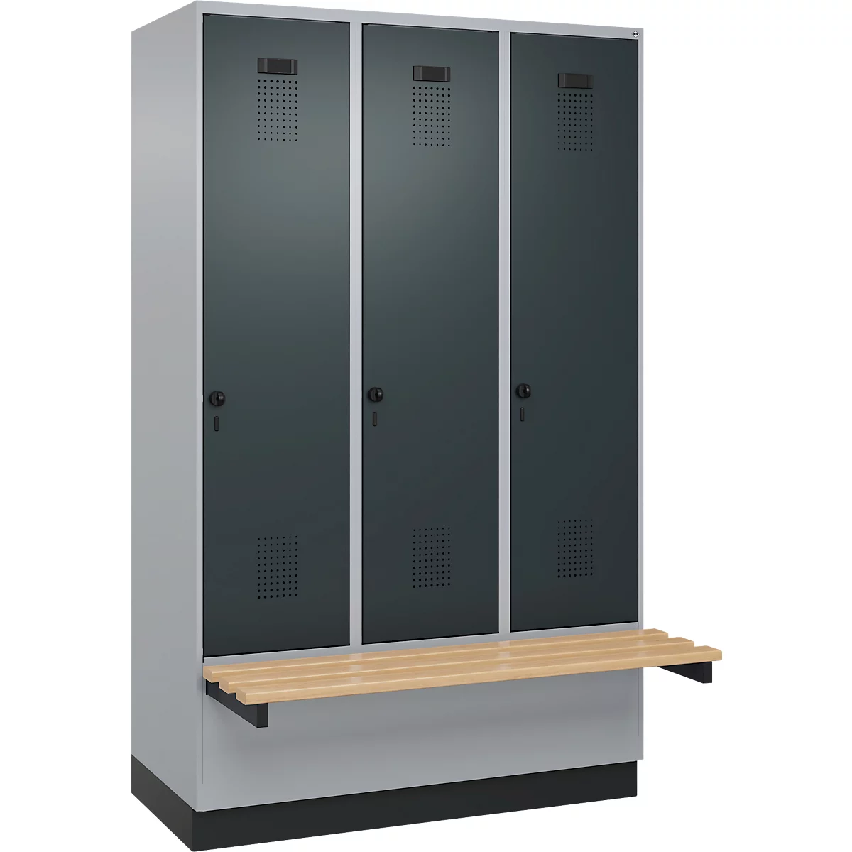 Vestiaire C+P Evolo Plus, 3 compartiments de 400 mm de large, socle, banc flottant, L 1200 x P 815 x H 1950 mm, verrou rotatif, aluminium blanc/gris anthracite