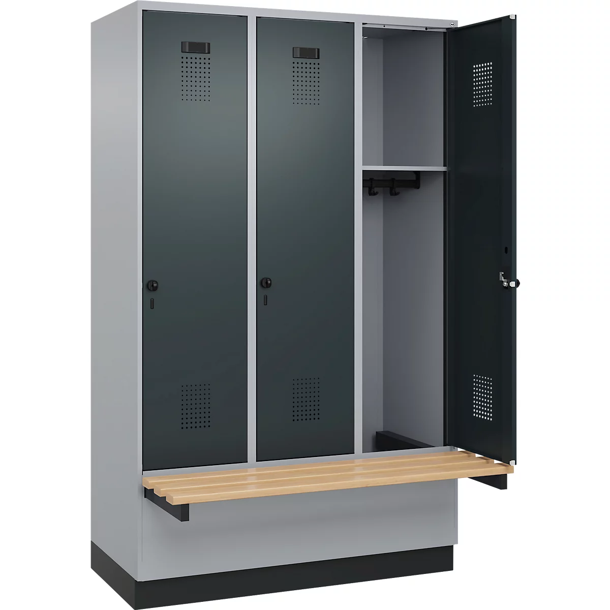 Vestiaire C+P Evolo Plus, 3 compartiments de 400 mm de large, socle, banc flottant, L 1200 x P 815 x H 1950 mm, verrou rotatif, aluminium blanc/gris anthracite