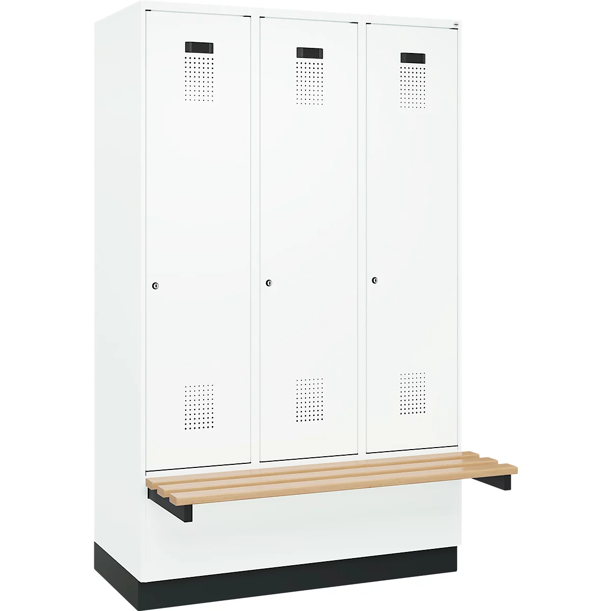 Vestiaire C+P Evolo Plus, 3 compartiments de 400 mm de large, socle, banquette flottante, L 1200 x P 815 x H 1950 mm, cylindre, blanc signalisation/blanc trafic