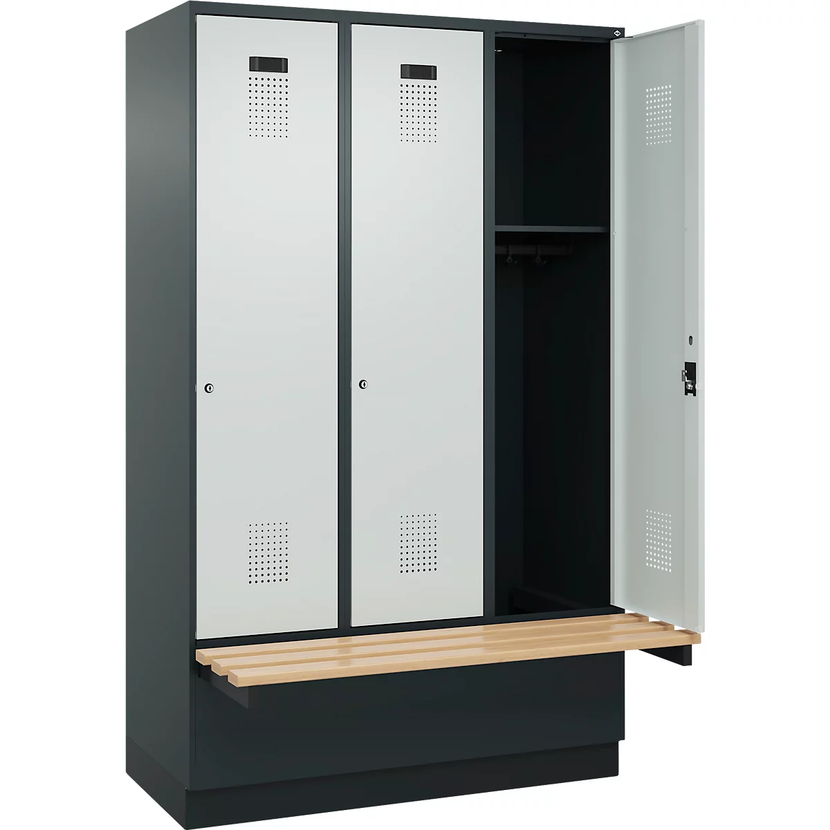 Vestiaire C+P Evolo Plus, 3 compartiments de 400 mm de large, socle, banquette flottante, L 1200 x P 815 x H 1950 mm, cylindre, gris anthracite/gris clair