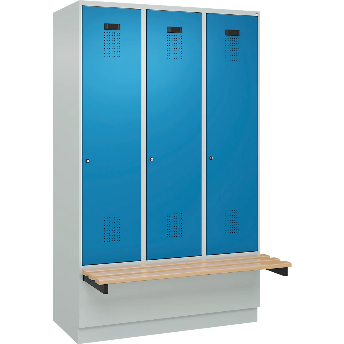 Vestiaire C+P Evolo Plus, 3 compartiments de 400 mm de large, socle, banquette flottante, L 1200 x P 815 x H 1950 mm, cylindre, gris clair/bleu clair