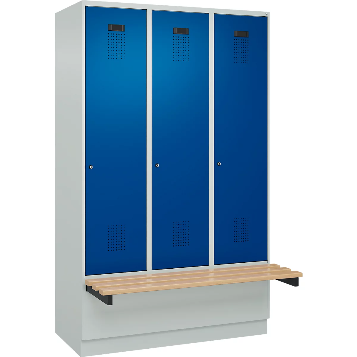 Vestiaire C+P Evolo Plus, 3 compartiments de 400 mm de large, socle, banquette flottante, L 1200 x P 815 x H 1950 mm, cylindre, gris clair/bleu gentiane