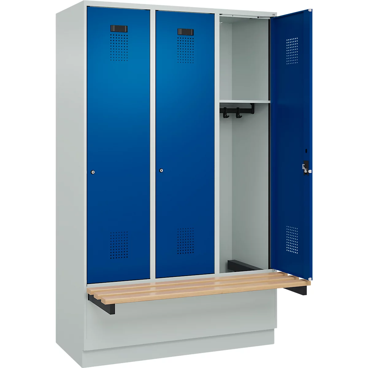 Vestiaire C+P Evolo Plus, 3 compartiments de 400 mm de large, socle, banquette flottante, L 1200 x P 815 x H 1950 mm, cylindre, gris clair/bleu gentiane