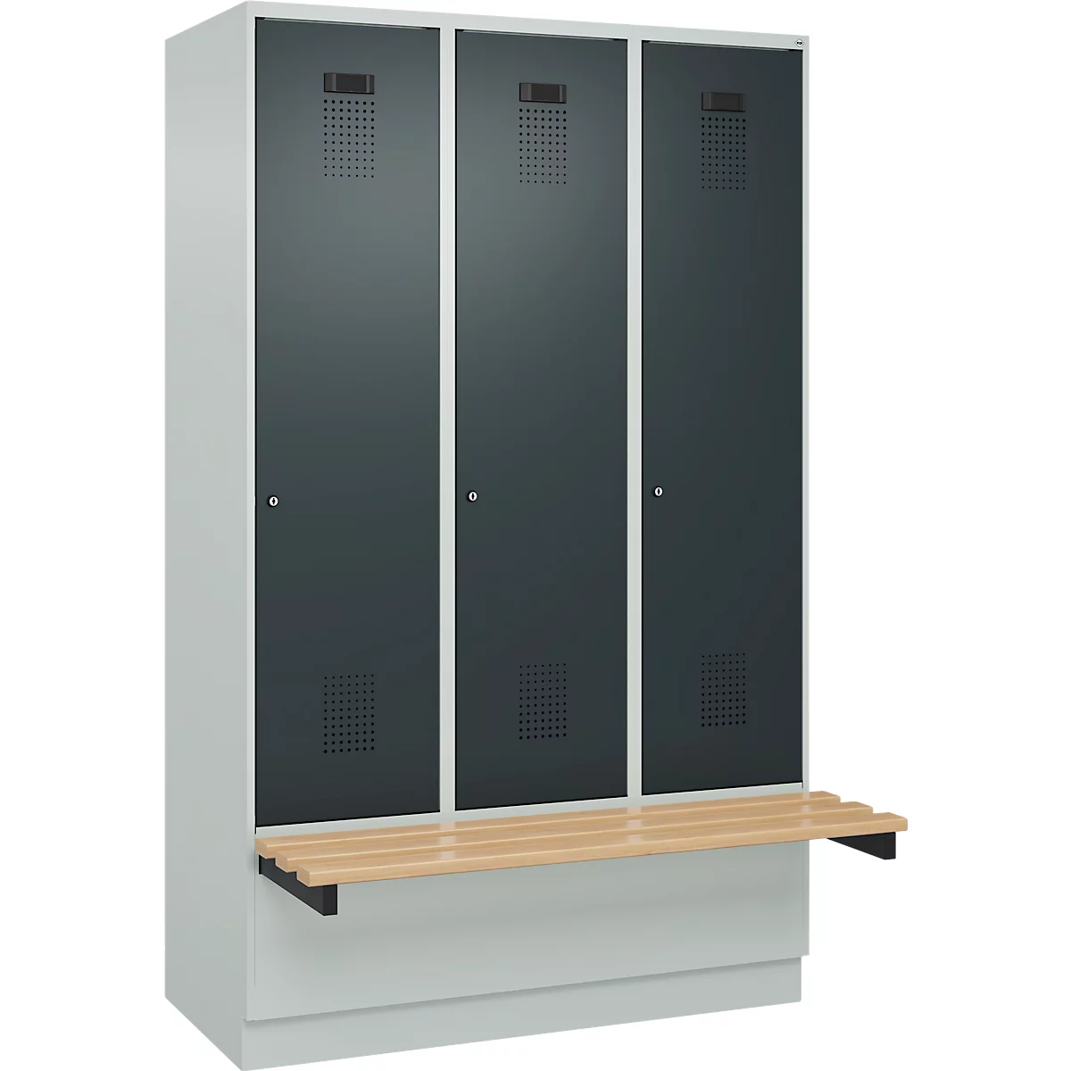 Vestiaire C+P Evolo Plus, 3 compartiments de 400 mm de large, socle, banquette flottante, L 1200 x P 815 x H 1950 mm, cylindre, gris clair/gris anthracite