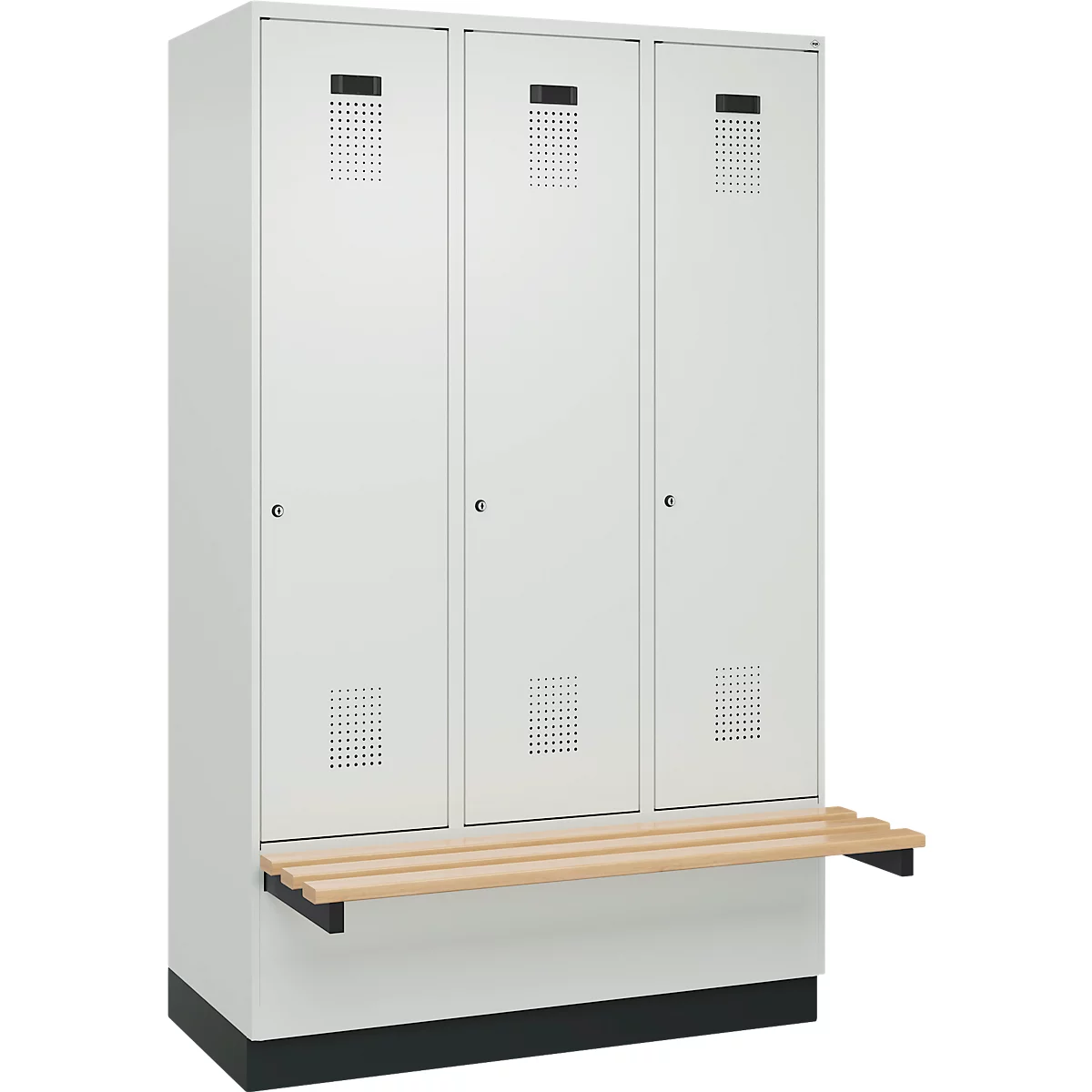 Vestiaire C+P Evolo Plus, 3 compartiments de 400 mm de large, socle, banquette flottante, L 1200 x P 815 x H 1950 mm, cylindre, gris clair/gris clair