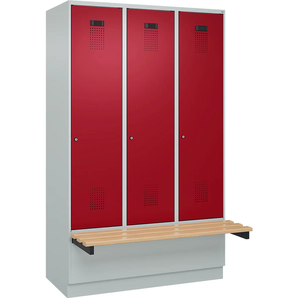 Vestiaire C+P Evolo Plus, 3 compartiments de 400 mm de large, socle, banquette flottante, L 1200 x P 815 x H 1950 mm, cylindre, gris clair/rouge rubis
