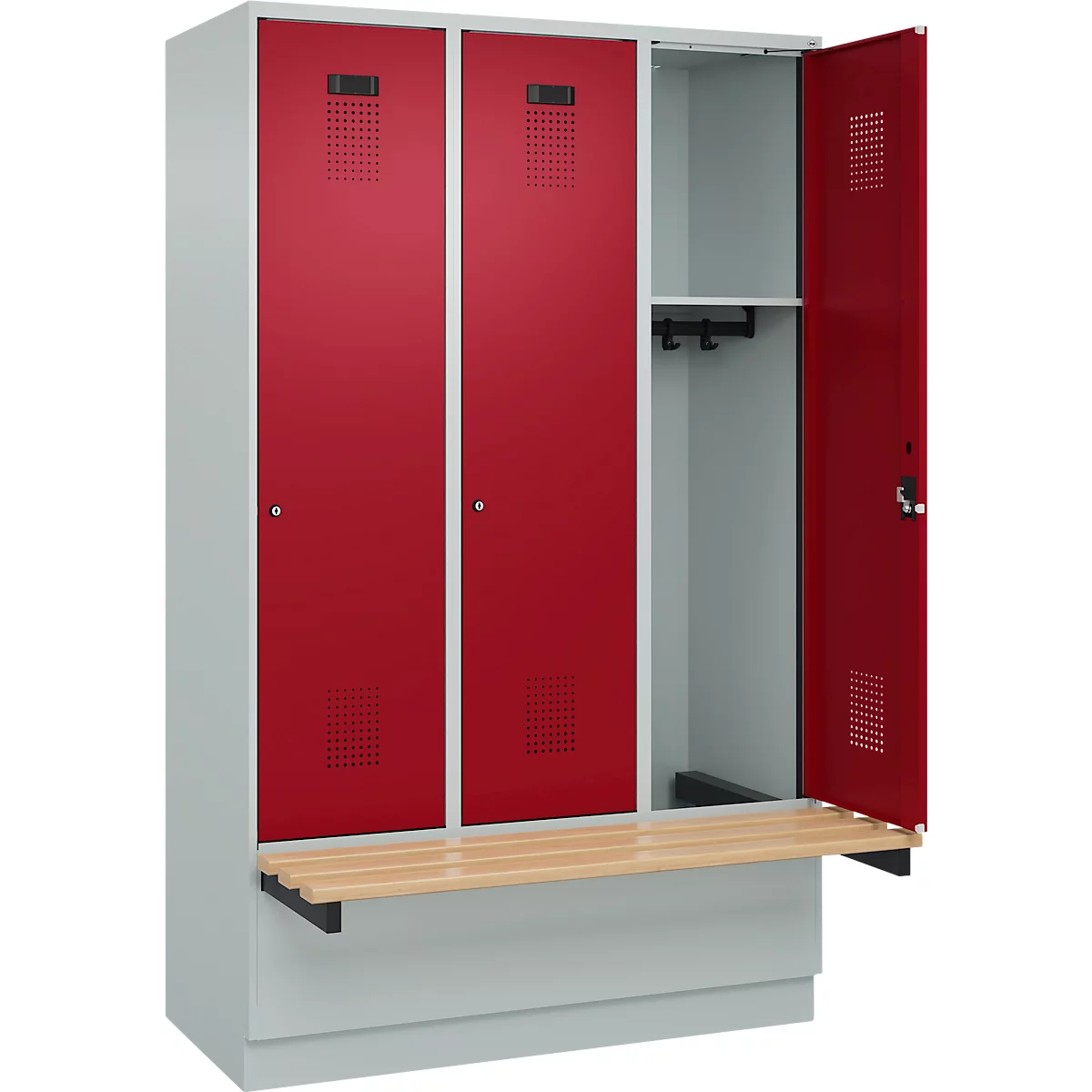Vestiaire C+P Evolo Plus, 3 compartiments de 400 mm de large, socle, banquette flottante, L 1200 x P 815 x H 1950 mm, cylindre, gris clair/rouge rubis