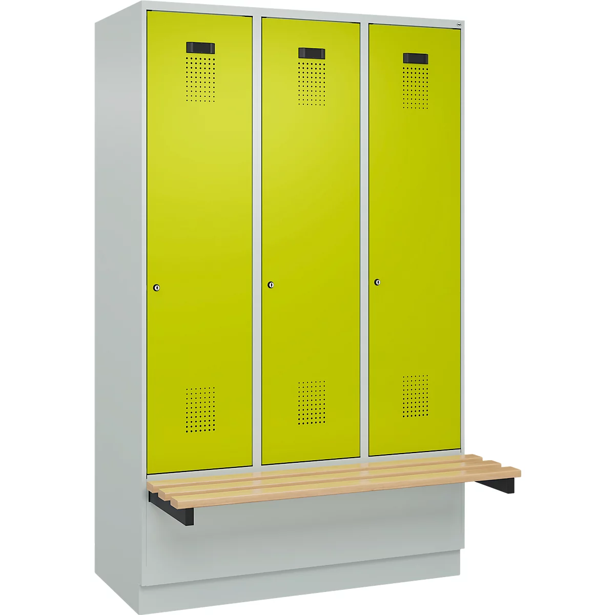 Vestiaire C+P Evolo Plus, 3 compartiments de 400 mm de large, socle, banquette flottante, L 1200 x P 815 x H 1950 mm, cylindre, gris clair/vert clown