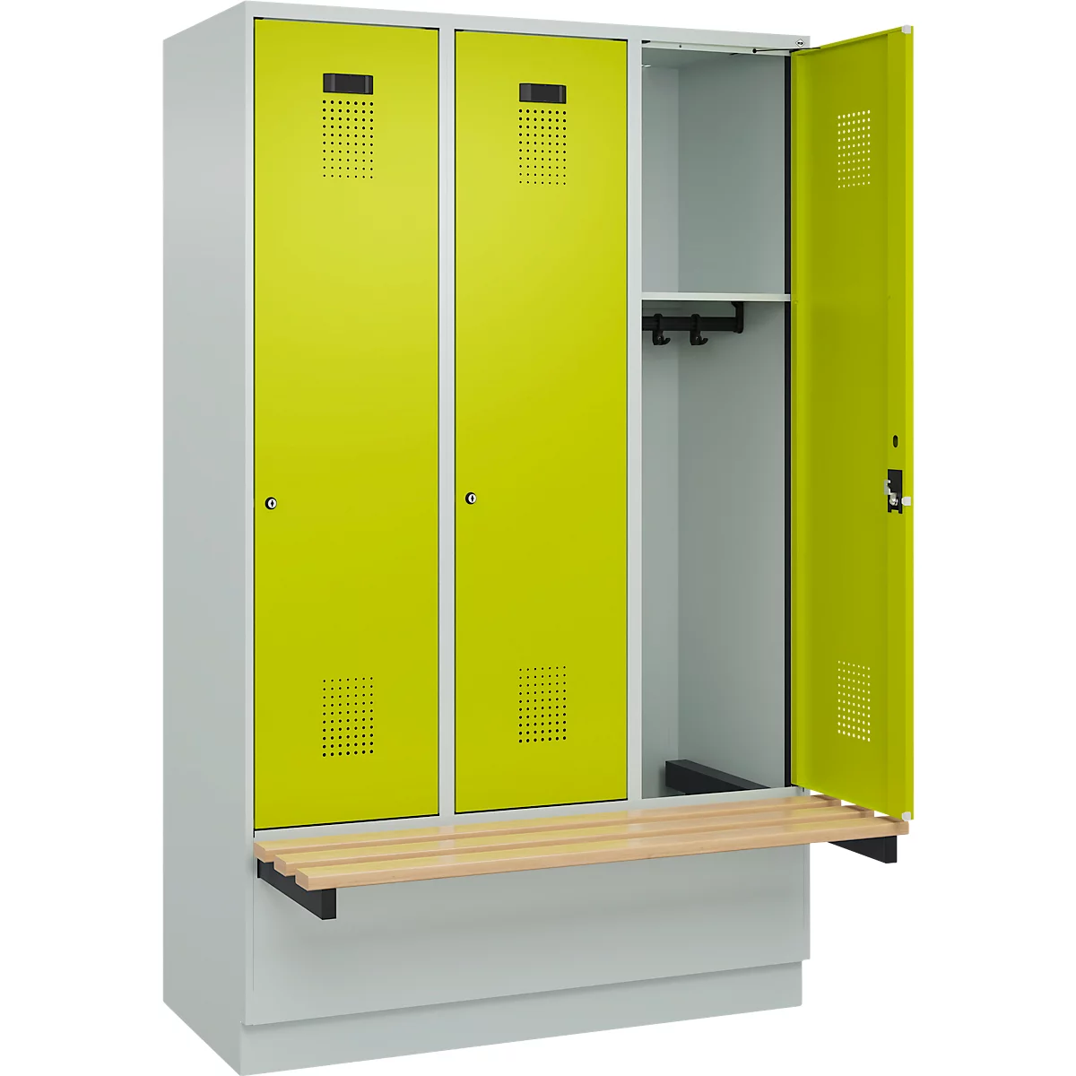 Vestiaire C+P Evolo Plus, 3 compartiments de 400 mm de large, socle, banquette flottante, L 1200 x P 815 x H 1950 mm, cylindre, gris clair/vert clown