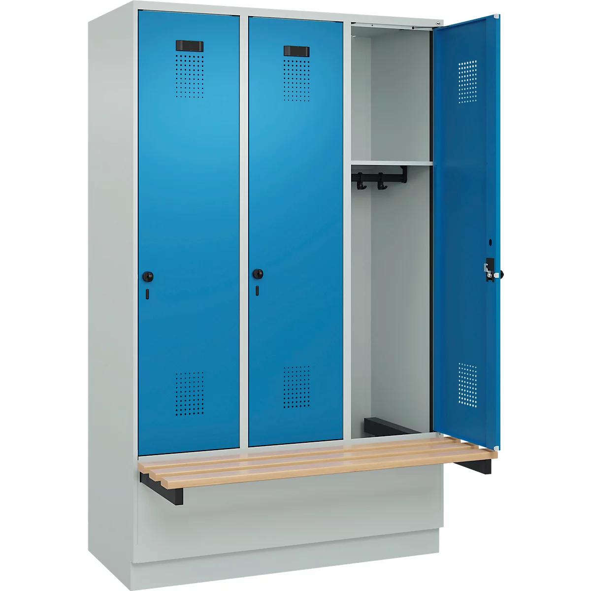 Vestiaire C+P Evolo Plus, 3 compartiments de 400 mm de large, socle, banquette flottante, L 1200 x P 815 x H 1950 mm, loquet rotatif, gris clair/bleu clair