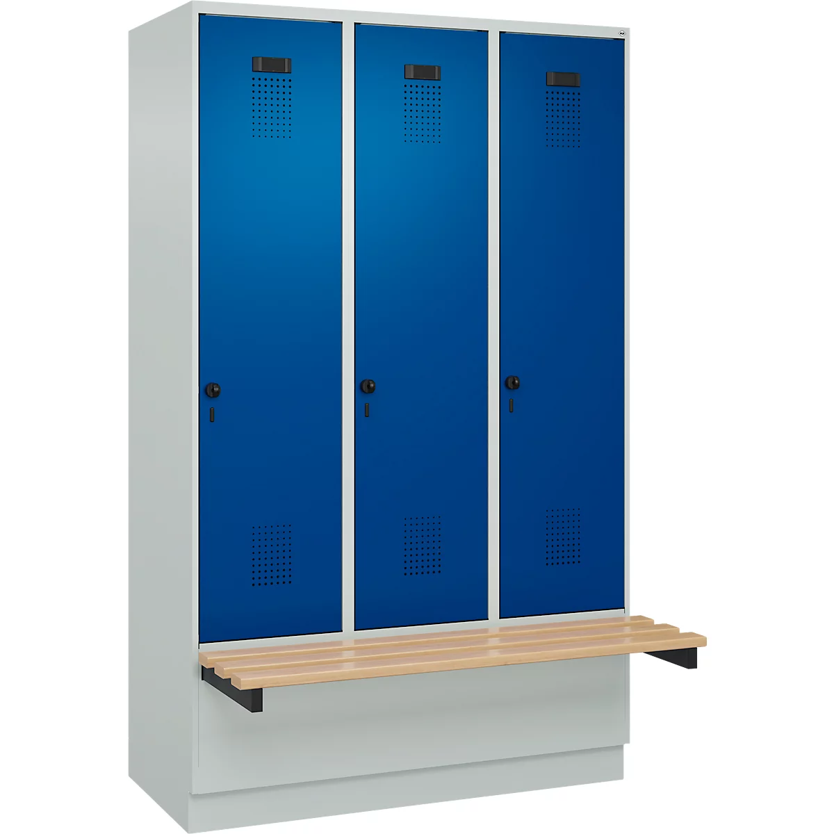 Vestiaire C+P Evolo Plus, 3 compartiments de 400 mm de large, socle, banquette flottante, L 1200 x P 815 x H 1950 mm, loquet rotatif, gris clair/bleu gentiane