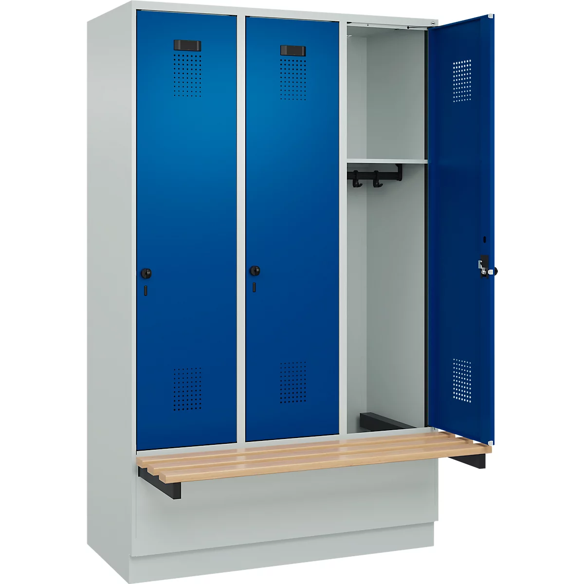 Vestiaire C+P Evolo Plus, 3 compartiments de 400 mm de large, socle, banquette flottante, L 1200 x P 815 x H 1950 mm, loquet rotatif, gris clair/bleu gentiane
