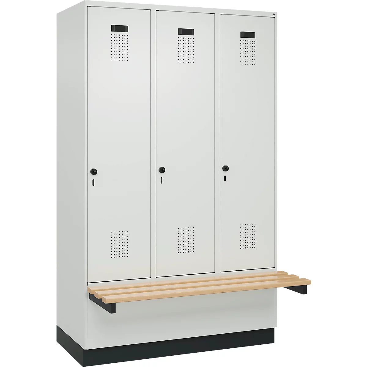 Vestiaire C+P Evolo Plus, 3 compartiments de 400 mm de large, socle, banquette flottante, L 1200 x P 815 x H 1950 mm, loquet rotatif, gris clair/gris clair