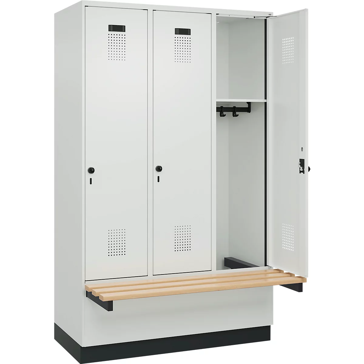 Vestiaire C+P Evolo Plus, 3 compartiments de 400 mm de large, socle, banquette flottante, L 1200 x P 815 x H 1950 mm, loquet rotatif, gris clair/gris clair