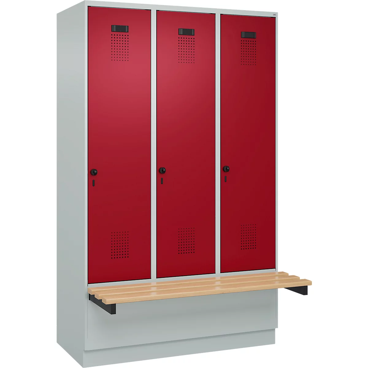 Vestiaire C+P Evolo Plus, 3 compartiments de 400 mm de large, socle, banquette flottante, L 1200 x P 815 x H 1950 mm, loquet rotatif, gris clair/rouge rubis