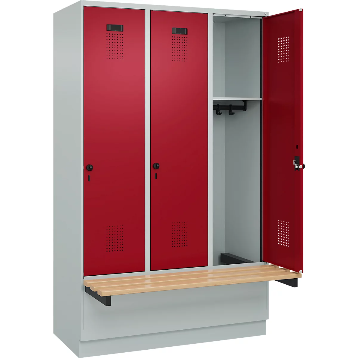 Vestiaire C+P Evolo Plus, 3 compartiments de 400 mm de large, socle, banquette flottante, L 1200 x P 815 x H 1950 mm, loquet rotatif, gris clair/rouge rubis