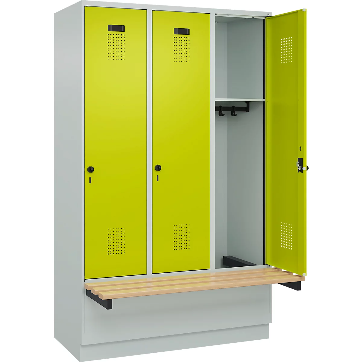 Vestiaire C+P Evolo Plus, 3 compartiments de 400 mm de large, socle, banquette flottante, L 1200 x P 815 x H 1950 mm, loquet rotatif, gris clair/vert clown