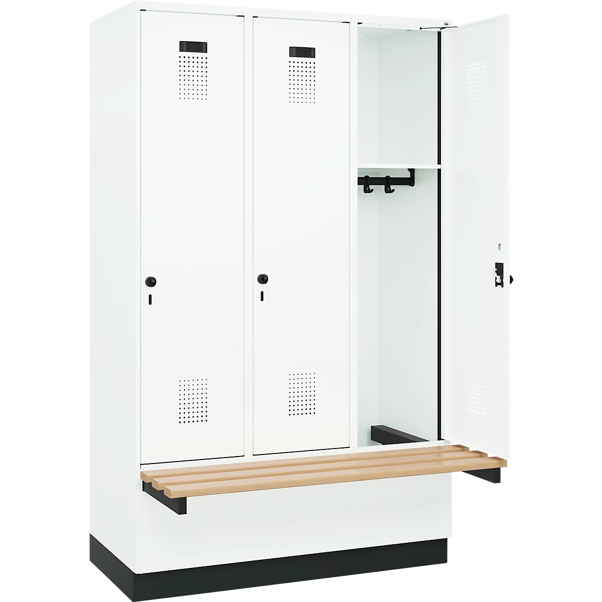 Vestiaire C+P Evolo Plus, 3 compartiments de 400 mm de large, socle, banquette flottante, L 1200 x P 815 x H 1950 mm, verrou rotatif, blanc signalisation/blanc trafic