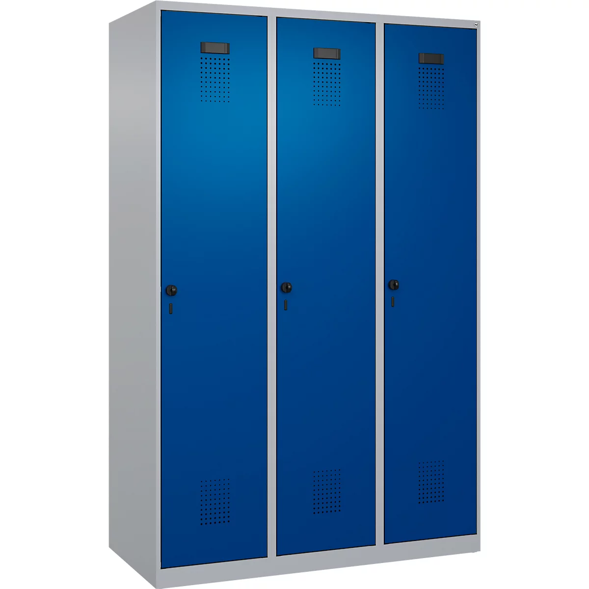 Vestiaire C+P Evolo Plus, 3 compartiments, largeur 400 mm, fermeture rotative, butée soft, L 1.200 x P 500 x H 1.850 m, aluminium blanc/bleu gentiane