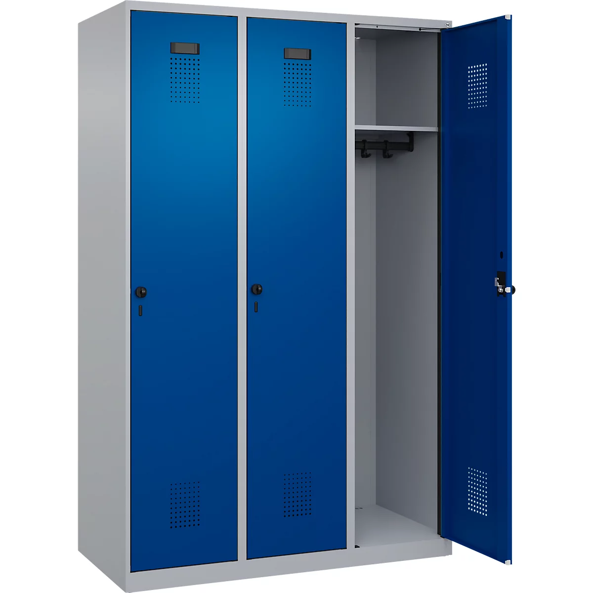 Vestiaire C+P Evolo Plus, 3 compartiments, largeur 400 mm, fermeture rotative, butée soft, L 1.200 x P 500 x H 1.850 m, aluminium blanc/bleu gentiane