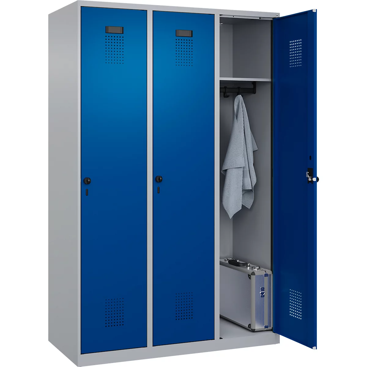 Vestiaire C+P Evolo Plus, 3 compartiments, largeur 400 mm, fermeture rotative, butée soft, L 1.200 x P 500 x H 1.850 m, aluminium blanc/bleu gentiane
