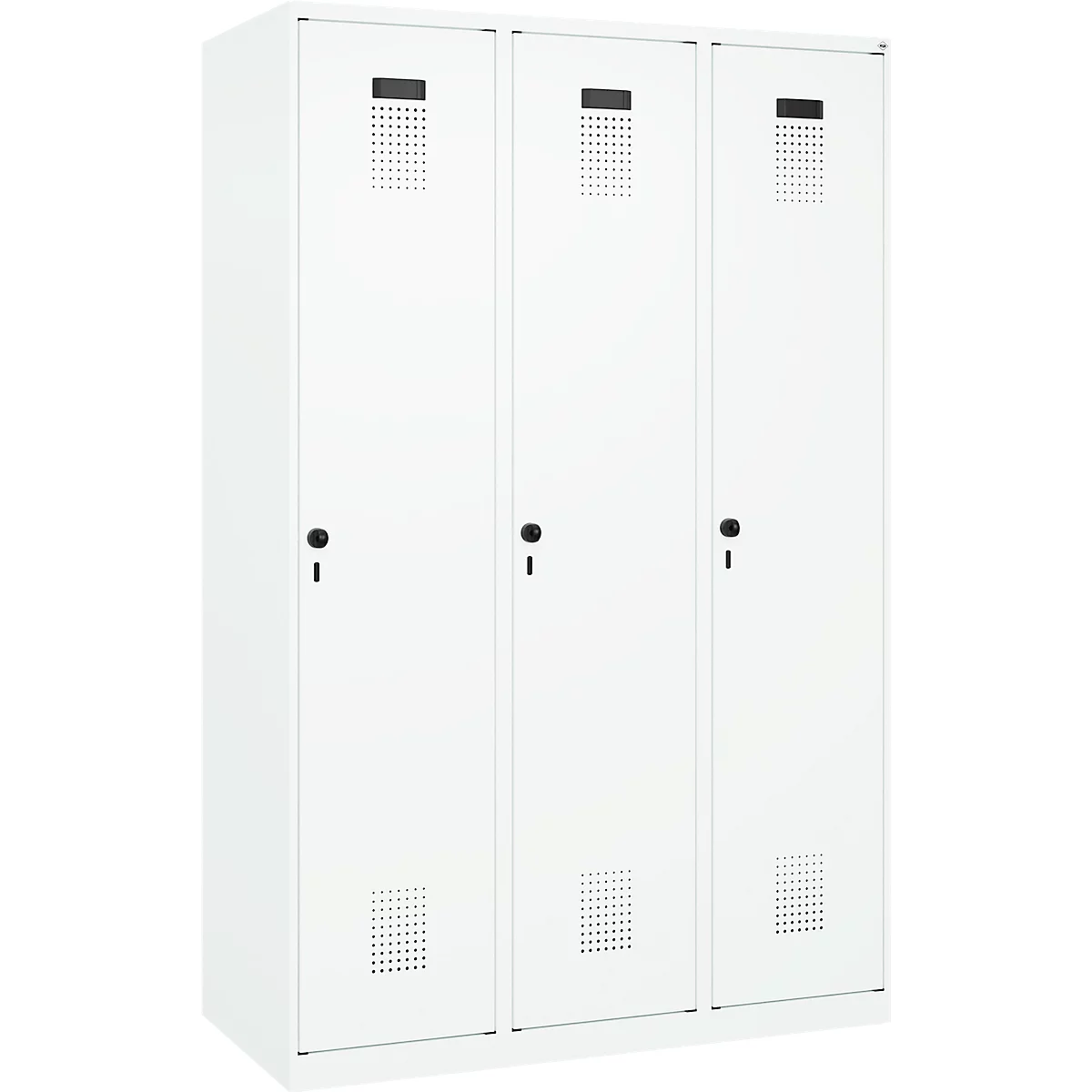 Vestiaire C+P Evolo Plus, 3 compartiments, largeur 400 mm, fermeture rotative, butée soft, L 1.200 x P 500 x H 1.850 m, blanc trafic/blanc trafic