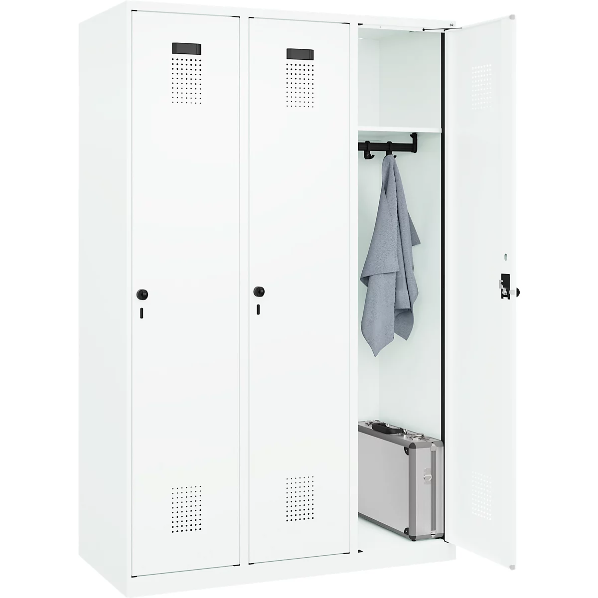 Vestiaire C+P Evolo Plus, 3 compartiments, largeur 400 mm, fermeture rotative, butée soft, L 1.200 x P 500 x H 1.850 m, blanc trafic/blanc trafic