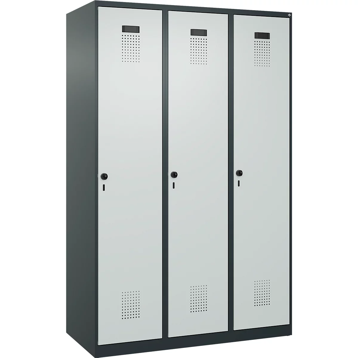 Vestiaire C+P Evolo Plus, 3 compartiments, largeur 400 mm, fermeture rotative, butée soft, L 1.200 x P 500 x H 1.850 m, gris anthracite/gris clair