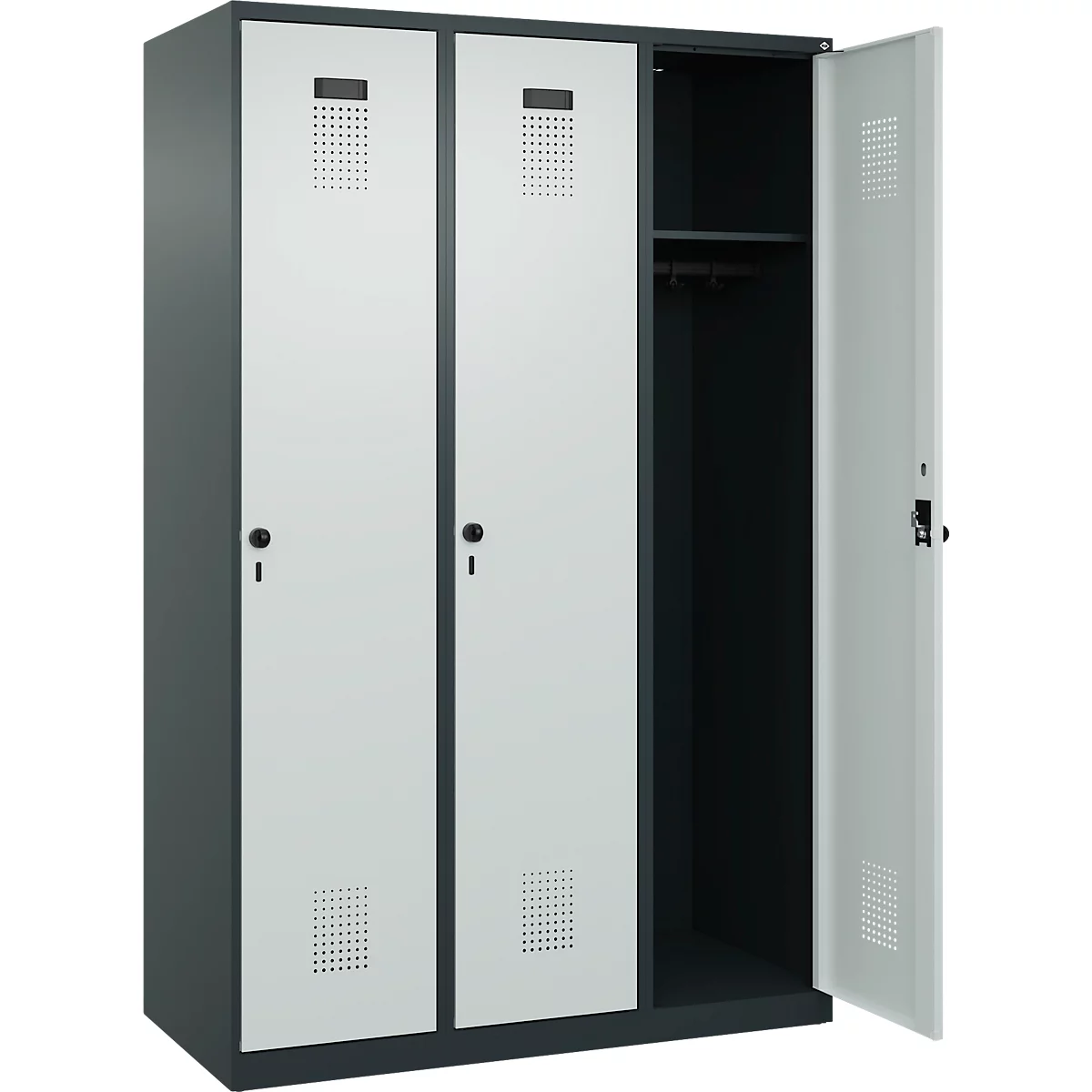 Vestiaire C+P Evolo Plus, 3 compartiments, largeur 400 mm, fermeture rotative, butée soft, L 1.200 x P 500 x H 1.850 m, gris anthracite/gris clair