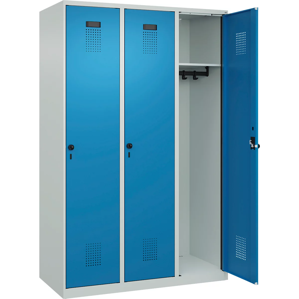 Vestiaire C+P Evolo Plus, 3 compartiments, largeur 400 mm, fermeture rotative, butée soft, L 1.200 x P 500 x H 1.850 m, gris clair/bleu clair