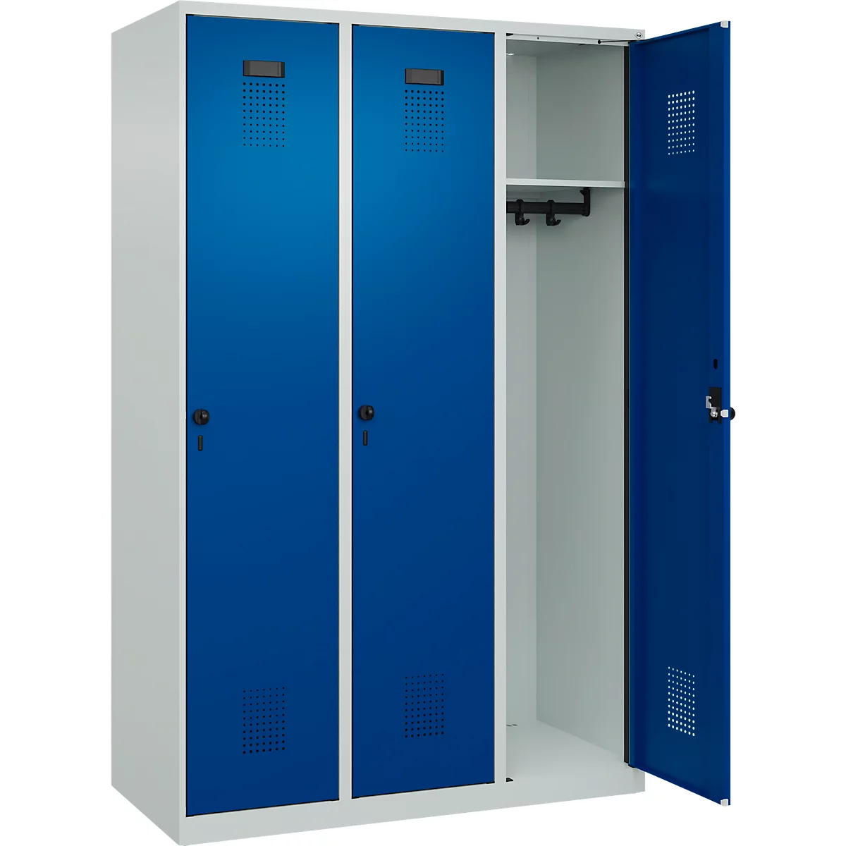 Vestiaire C+P Evolo Plus, 3 compartiments, largeur 400 mm, fermeture rotative, butée soft, L 1.200 x P 500 x H 1.850 m, gris clair/bleu gentiane