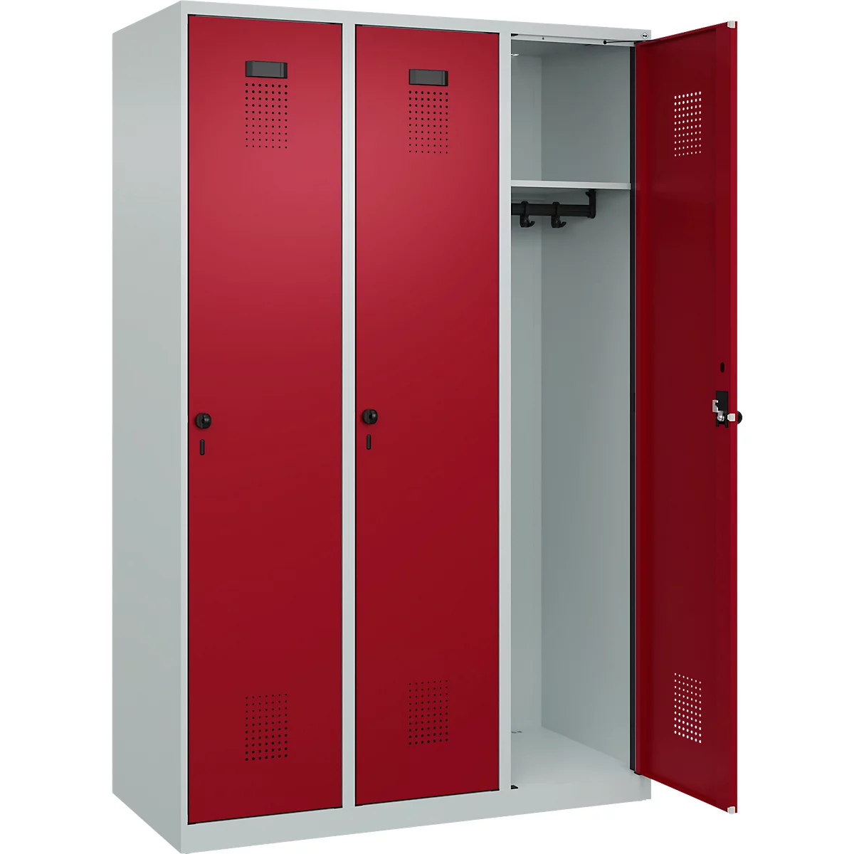 Vestiaire C+P Evolo Plus, 3 compartiments, largeur 400 mm, fermeture rotative, butée soft, L 1.200 x P 500 x H 1.850 m, gris clair/rouge rubis