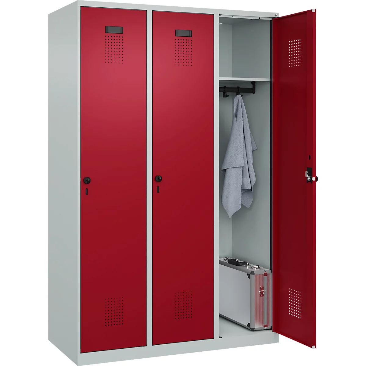 Vestiaire C+P Evolo Plus, 3 compartiments, largeur 400 mm, fermeture rotative, butée soft, L 1.200 x P 500 x H 1.850 m, gris clair/rouge rubis