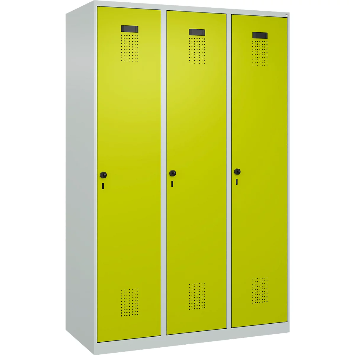 Vestiaire C+P Evolo Plus, 3 compartiments, largeur 400 mm, fermeture rotative, butée soft, L 1.200 x P 500 x H 1.850 m, gris clair/vert clown