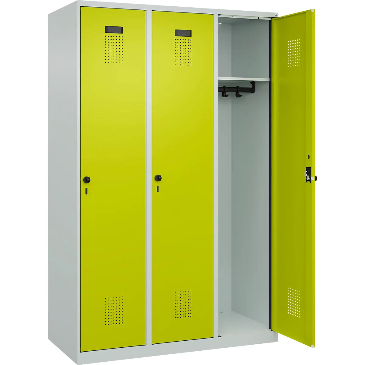 Vestiaire C+P Evolo Plus, 3 compartiments, largeur 400 mm, fermeture rotative, butée soft, L 1.200 x P 500 x H 1.850 m, gris clair/vert clown