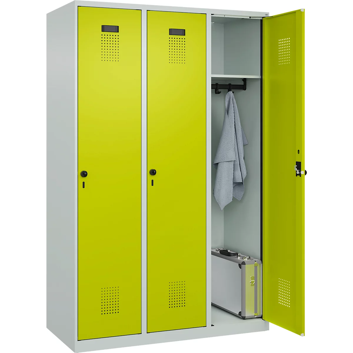 Vestiaire C+P Evolo Plus, 3 compartiments, largeur 400 mm, fermeture rotative, butée soft, L 1.200 x P 500 x H 1.850 m, gris clair/vert clown