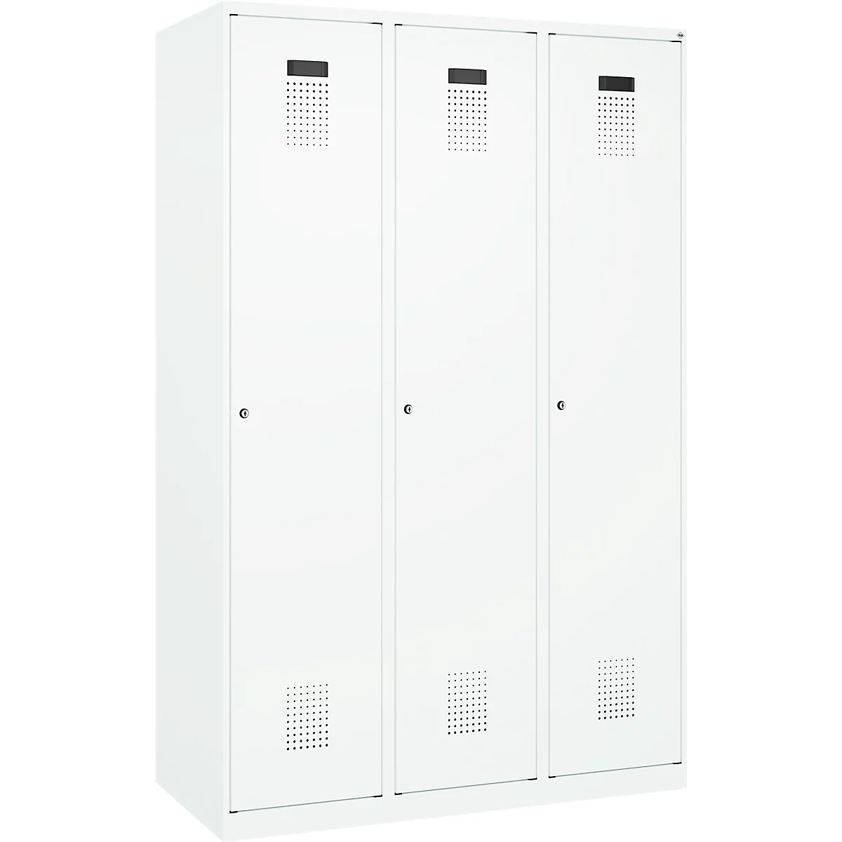 Vestiaire C+P Evolo Plus, 3 compartiments, largeur 400 mm, serrure à cylindre, butée soft, L 1.200 x P 500 x H 1.850 m, blanc trafic/blanc trafic