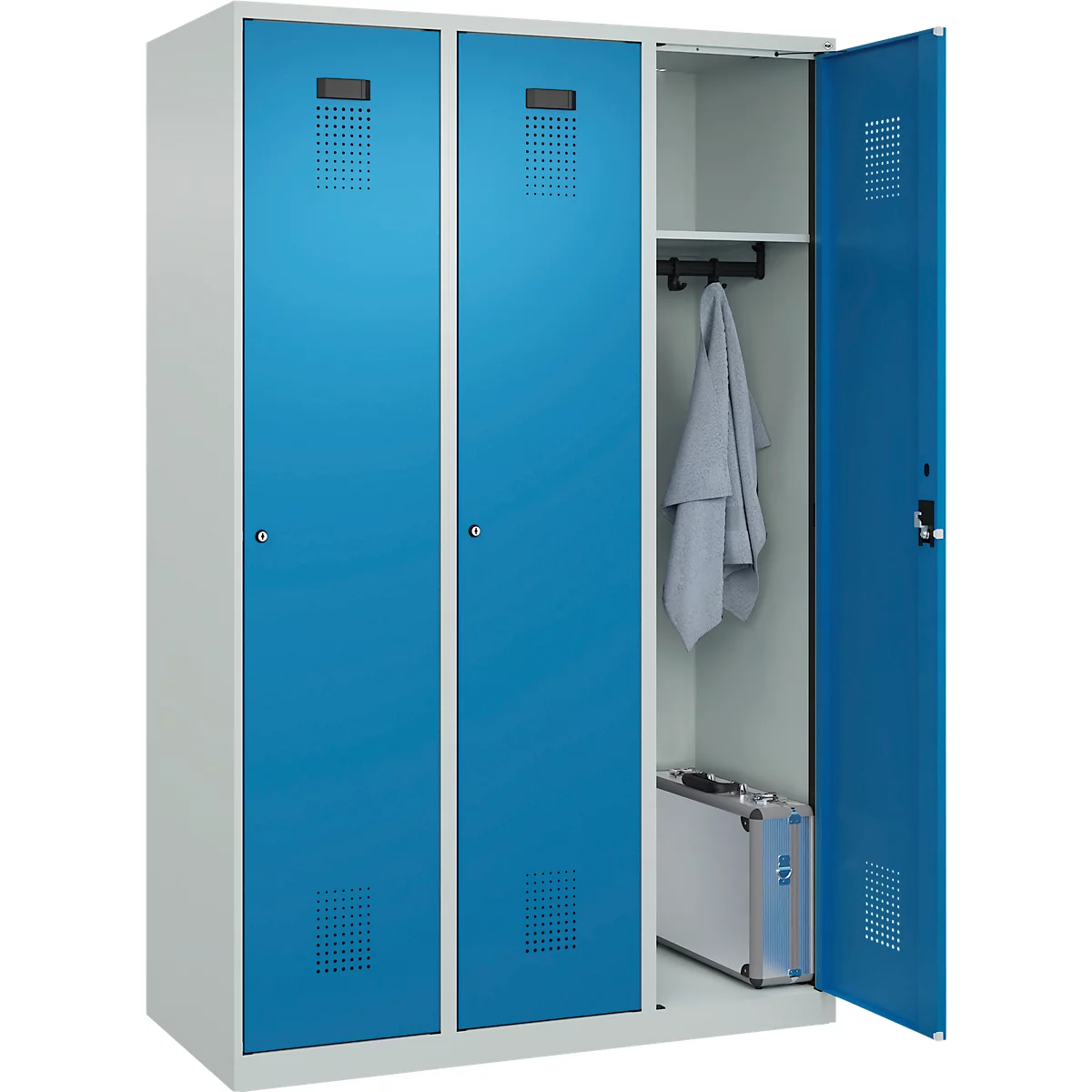 Vestiaire C+P Evolo Plus, 3 compartiments, largeur 400 mm, serrure à cylindre, butée soft, L 1.200 x P 500 x H 1.850 m, gris clair/bleu clair