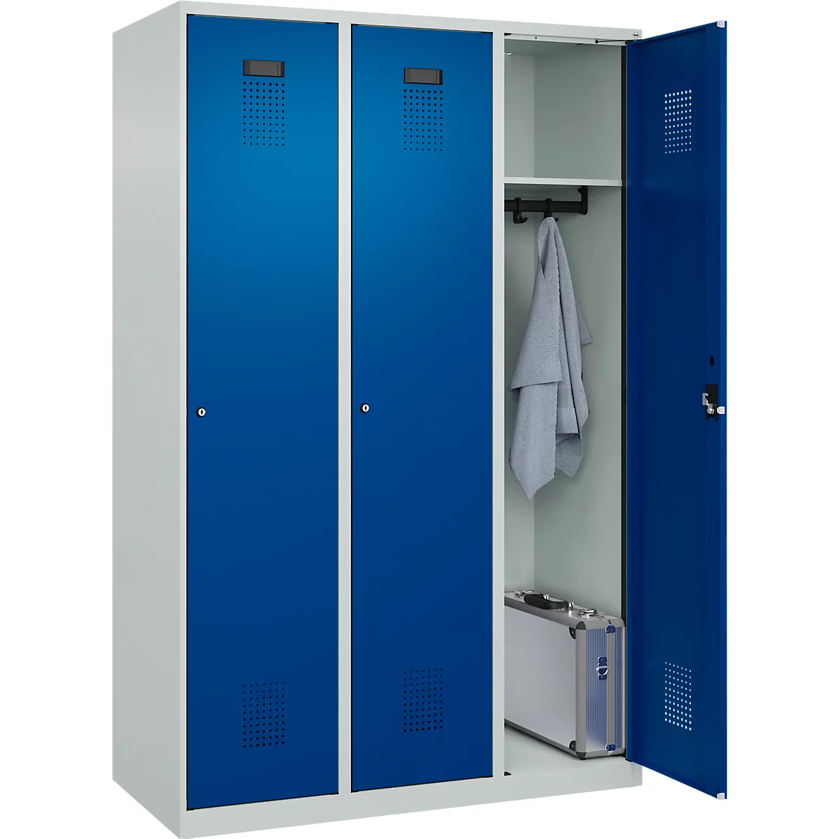 Vestiaire C+P Evolo Plus, 3 compartiments, largeur 400 mm, serrure à cylindre, butée soft, L 1.200 x P 500 x H 1.850 m, gris clair/bleu gentiane