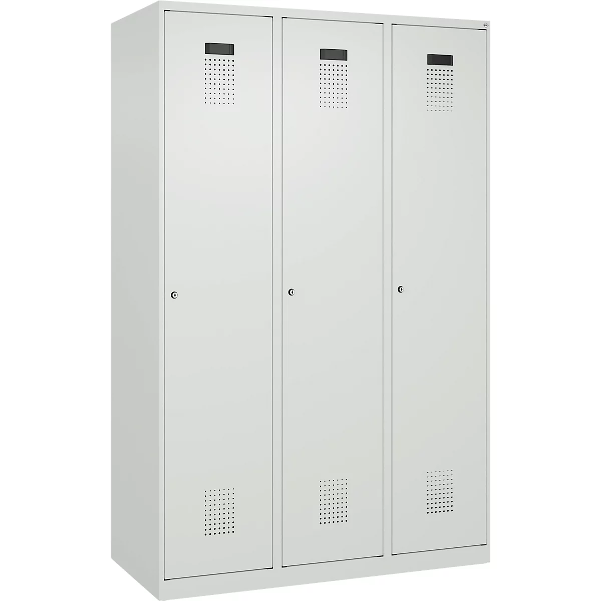 Vestiaire C+P Evolo Plus, 3 compartiments, largeur 400 mm, serrure à cylindre, butée soft, L 1.200 x P 500 x H 1.850 m, gris clair/gris clair