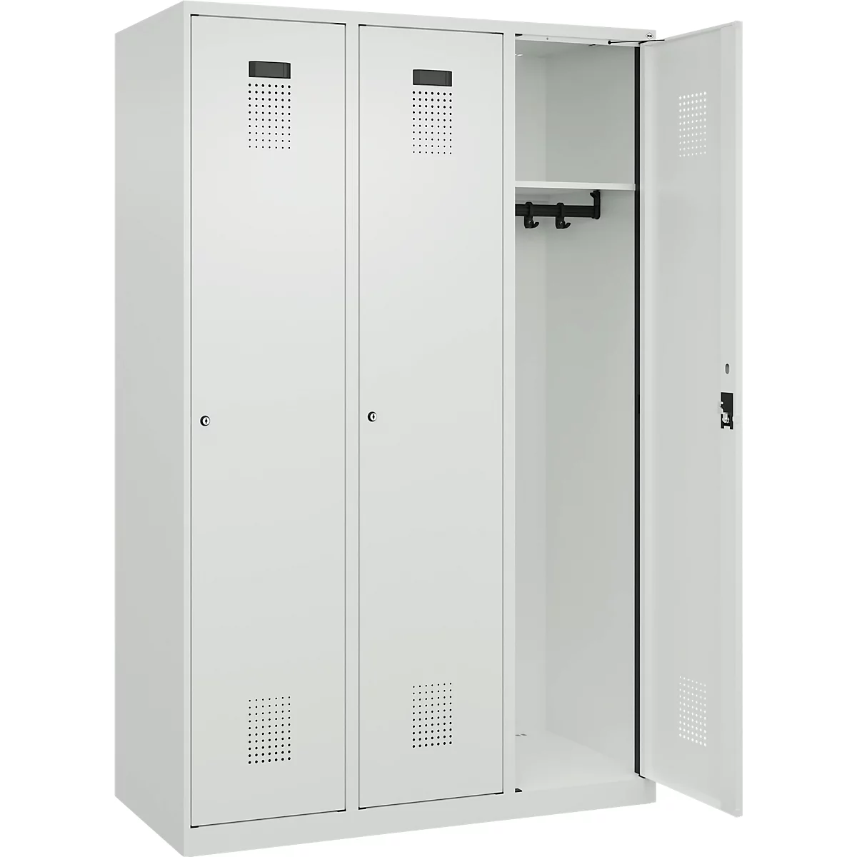 Vestiaire C+P Evolo Plus, 3 compartiments, largeur 400 mm, serrure à cylindre, butée soft, L 1.200 x P 500 x H 1.850 m, gris clair/gris clair