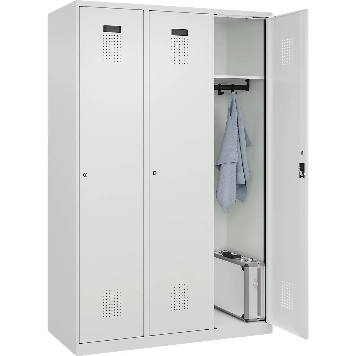 Vestiaire C+P Evolo Plus, 3 compartiments, largeur 400 mm, serrure à cylindre, butée soft, L 1.200 x P 500 x H 1.850 m, gris clair/gris clair