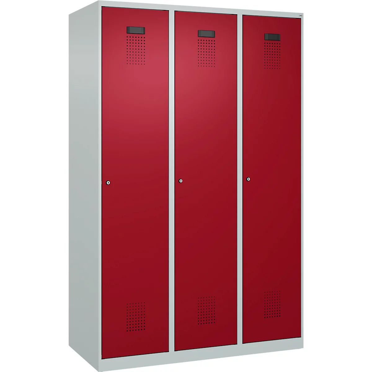 Vestiaire C+P Evolo Plus, 3 compartiments, largeur 400 mm, serrure à cylindre, butée soft, L 1.200 x P 500 x H 1.850 m, gris clair/rouge rubis