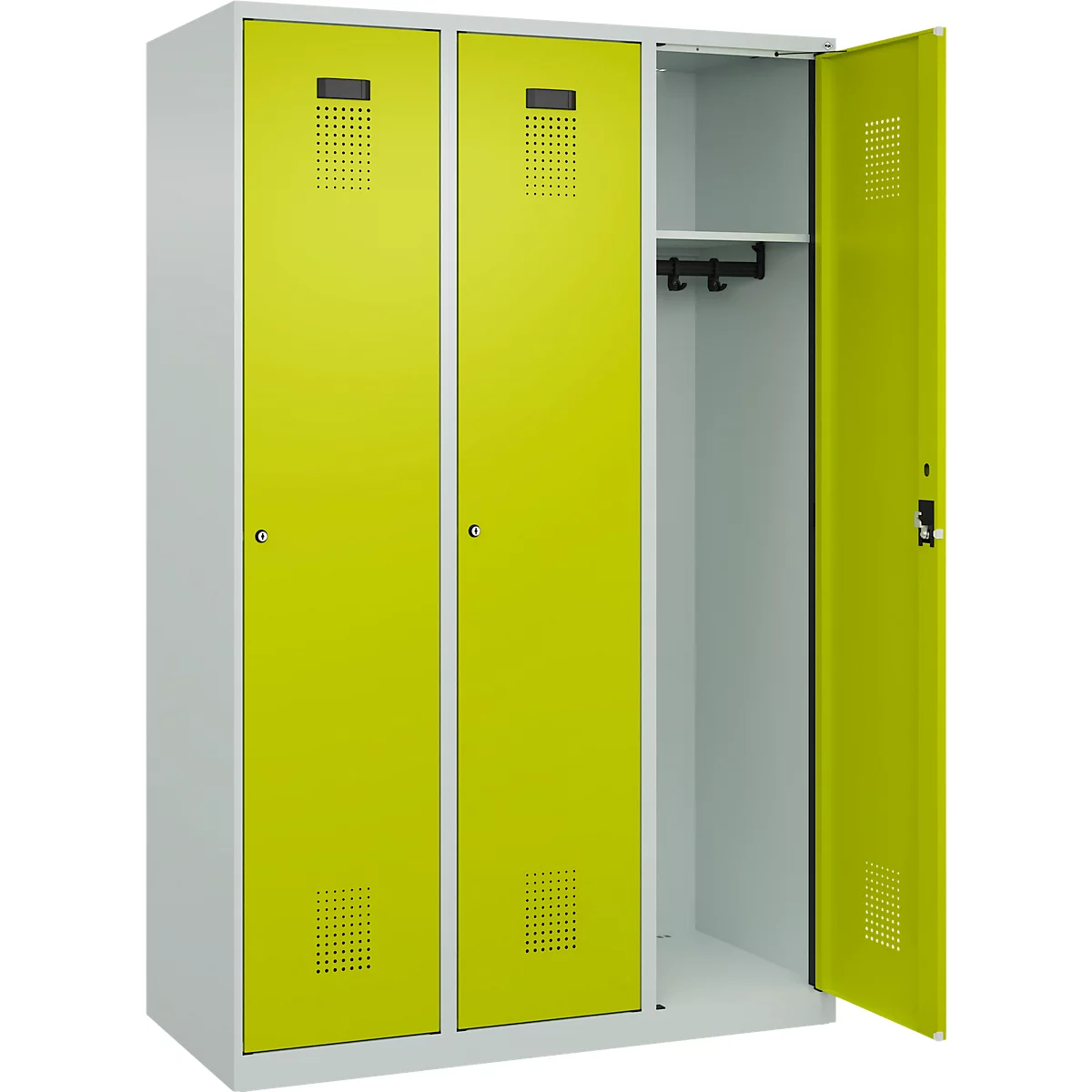 Vestiaire C+P Evolo Plus, 3 compartiments, largeur 400 mm, serrure à cylindre, butée soft, L 1.200 x P 500 x H 1.850 m, gris clair/vert clown