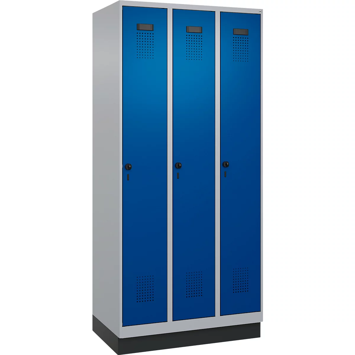 Vestiaire C+P Evolo Plus, 3 compartiments, largeur de compartiment 300 mm, avec socle, butée à droite, butée Soft, anti-effraction, L 900 x P 500 x H 1950 mm, fermeture de sécurité à pêne rotatif, aluminium blanc RAL 9006/bleu enzyme RAL 5010