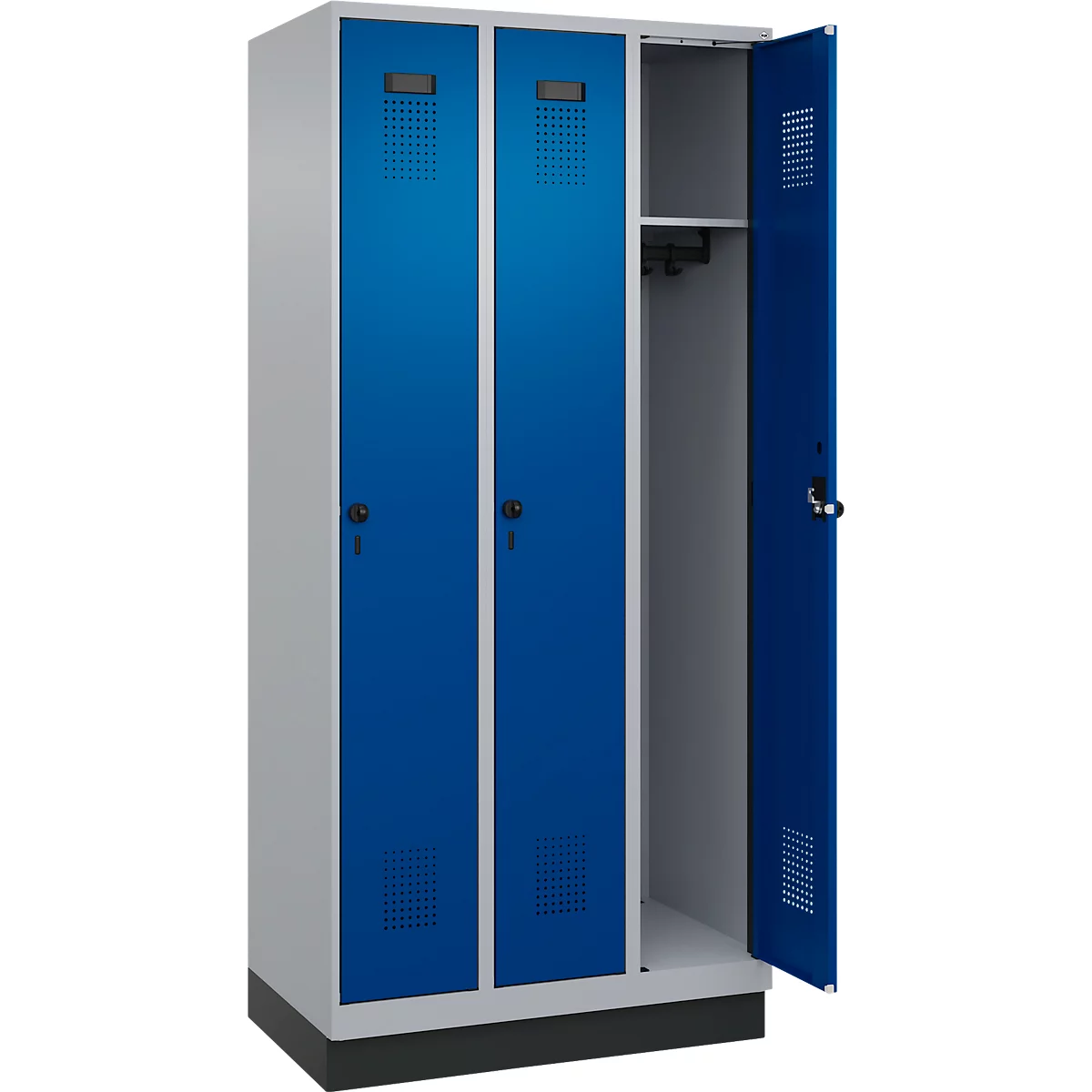 Vestiaire C+P Evolo Plus, 3 compartiments, largeur de compartiment 300 mm, avec socle, butée à droite, butée Soft, anti-effraction, L 900 x P 500 x H 1950 mm, fermeture de sécurité à pêne rotatif, aluminium blanc RAL 9006/bleu enzyme RAL 5010