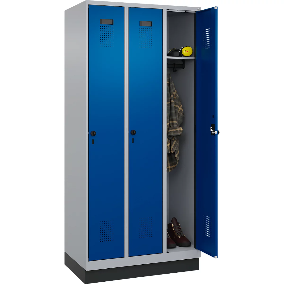 Vestiaire C+P Evolo Plus, 3 compartiments, largeur de compartiment 300 mm, avec socle, butée à droite, butée Soft, anti-effraction, L 900 x P 500 x H 1950 mm, fermeture de sécurité à pêne rotatif, aluminium blanc RAL 9006/bleu enzyme RAL 5010